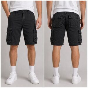 Blue Crown Solid Black Cargo Shorts multi pocket zipper 100% Cotton size 36
